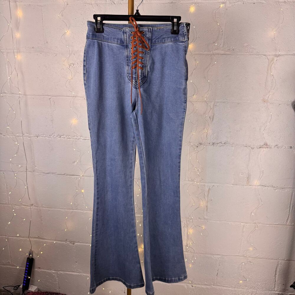 forever 21 Y2K lace up flare jeans 28 corset tie side zip stretchy denim